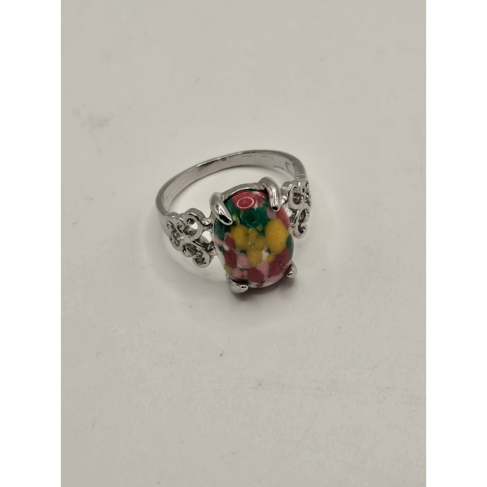 Vintage Silver Tone Millefiori Art Glass Filigree Statement Ring Size 8.5